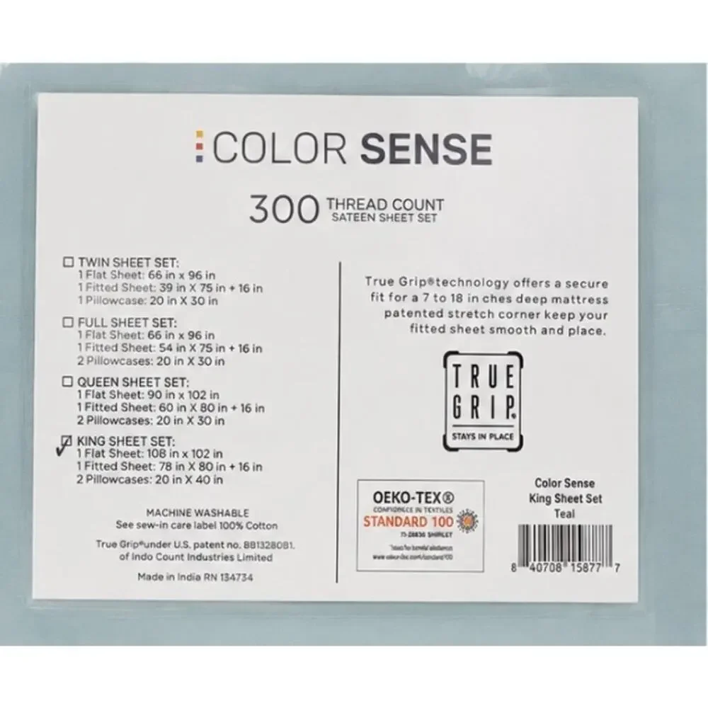 Color Sense King Sheet Set – 300 Thread Count Sateen – Teal 4-Piece Bedding Set